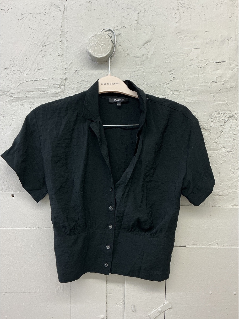 Madewell Black Short Sleeve v-neck Button-Up Shirt elastic waist ruched